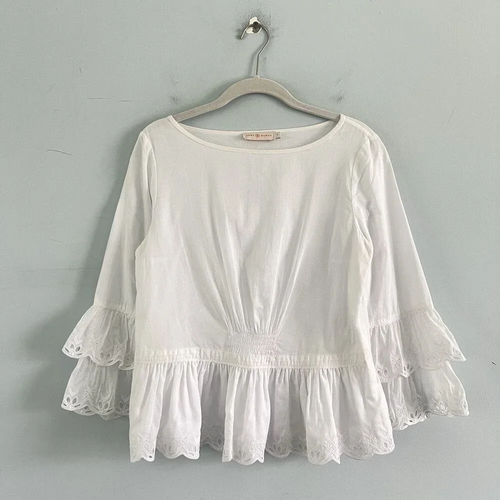 Tory Burch Scallop Hem Eyelet Ruffle White Cotton Blouse